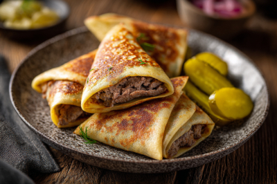 Русская классика: блинные конвертики с гречневой кашей и паштетом